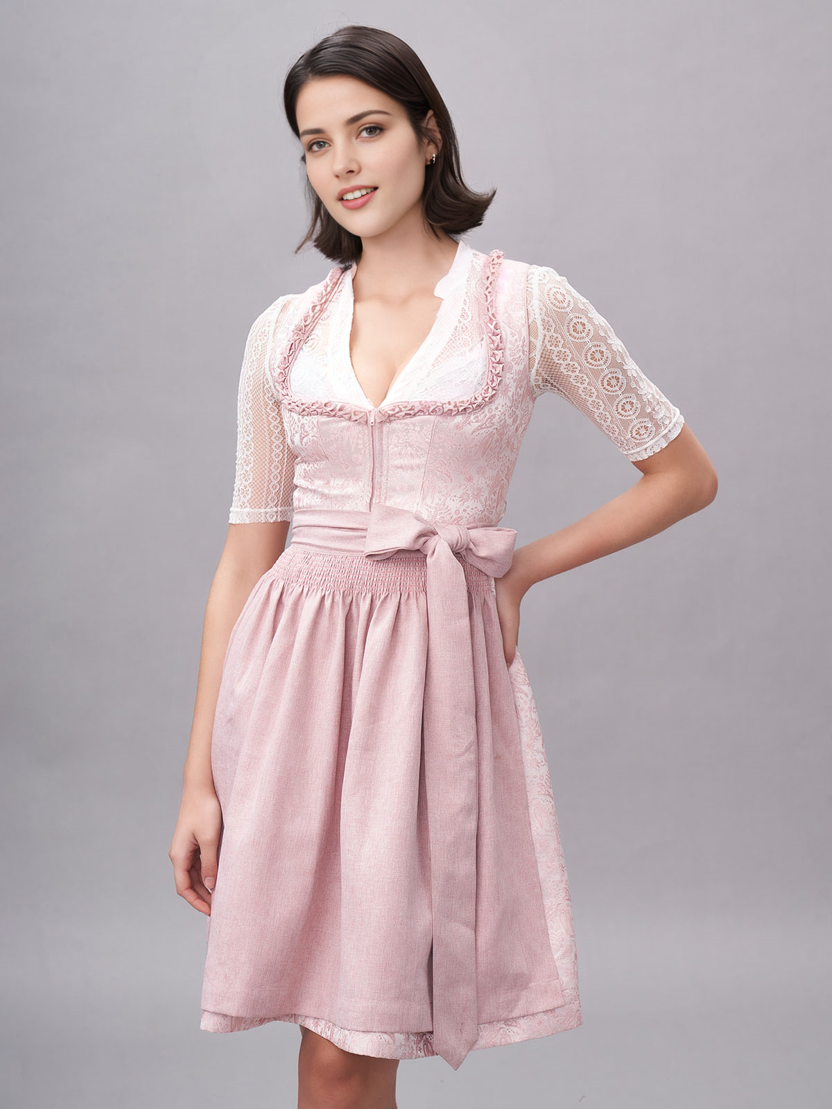 Modernes Dirndl in Rosa mit Samtapplikationen